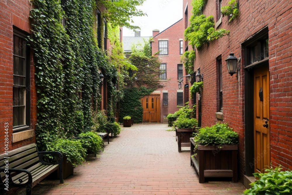 Fototapeta premium A serene alleyway with brick buildings, ivy, and wooden doors, creating a peaceful atmosphere.