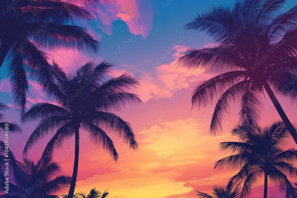 Vibrant Sunset with Silhouetted Palm Trees Vibrant Sunset with Silhouetted Palm Trees