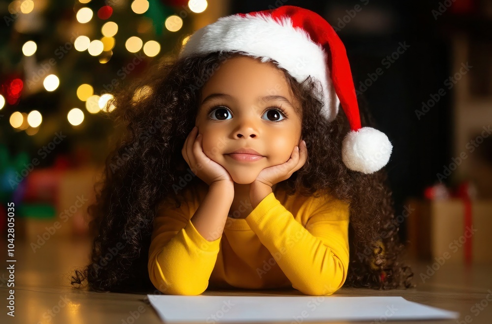 Cute Black Girl in Santa Hat Writing on Christmas Paper with Decorations and Lights in Background Cute Black Girl in Santa Hat Writing on Christmas Paper with Decorations and Lights in Background