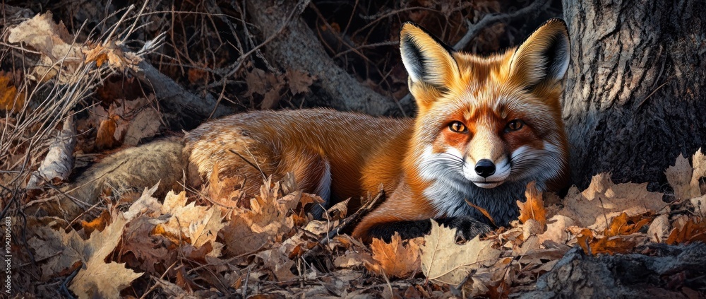 A realistic depiction of a fox resting among autumn leaves in a forest setting. A realistic depiction of a fox resting among autumn leaves in a forest setting.