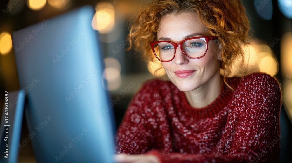 A woman with curly hair and glasses works intently on a laptop, surrounded by soft, blurred lights in a cozy environment. A woman with curly hair and glasses works intently on a laptop, surrounded by soft, blurred lights in a cozy environment.