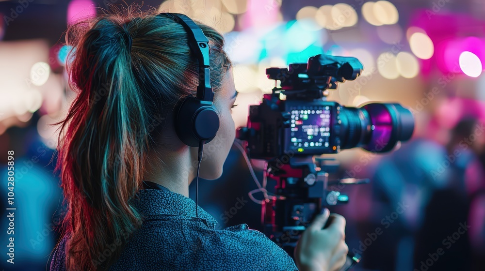 A photographer capturing a vibrant event with a camera on a tripod, wearing headphones, amidst a colorful, blurred background of a lively crowd.