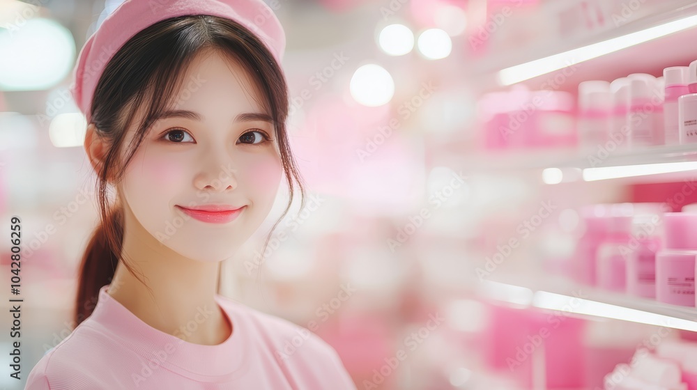 A cheerful woman in a pink outfit stands in a brightly lit space surrounded by pink skincare products, creating a vibrant and inviting atmosphere. A cheerful woman in a pink outfit stands in a brightly lit space surrounded by pink skincare products, creating a vibrant and inviting atmosphere.