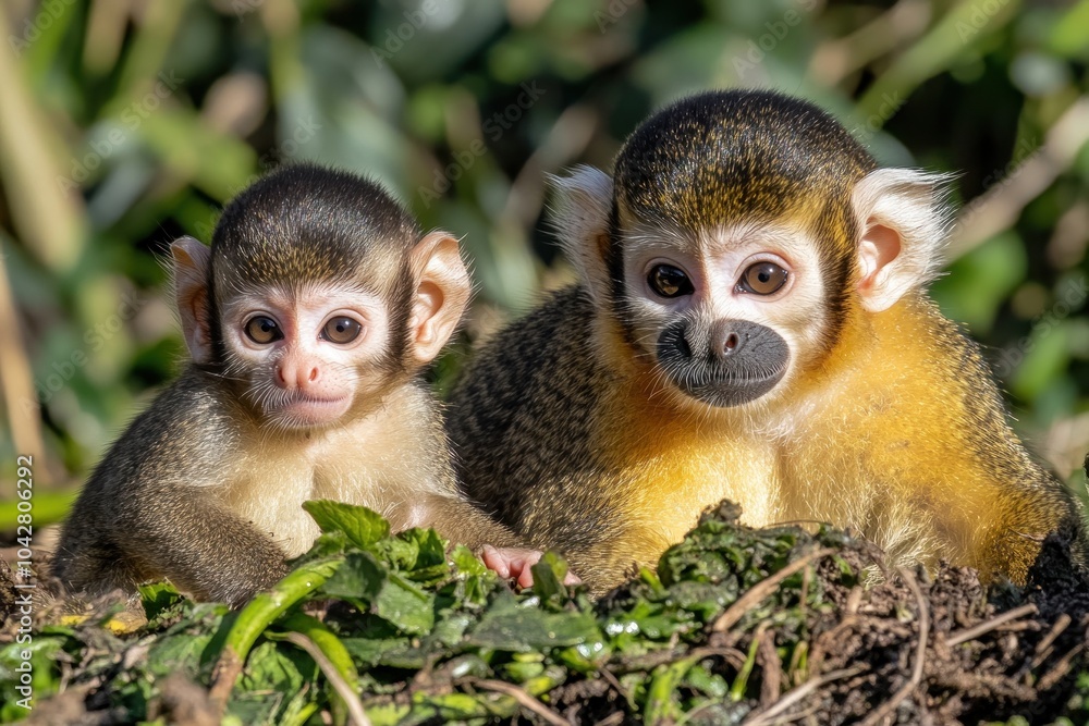 Obraz premium Two playful monkeys resting on foliage, showcasing their expressive faces and vibrant fur.