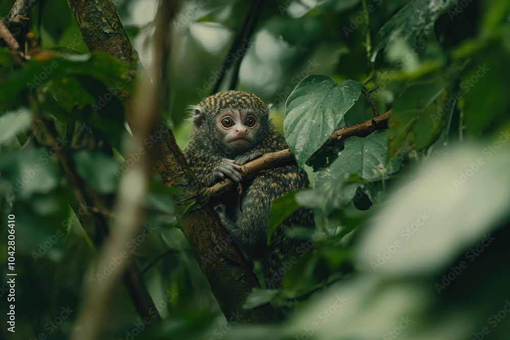 A young monkey perched on a branch amidst lush green foliage. A young monkey perched on a branch amidst lush green foliage.