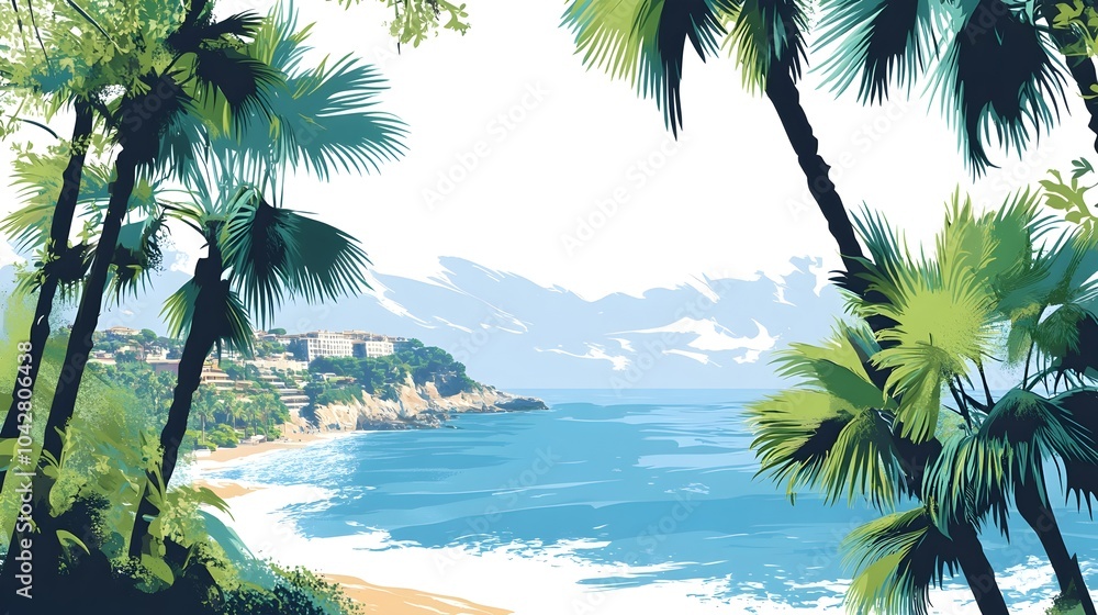 Picturesque Coastal Scenery with Swaying Palm Trees and Turquoise Waters of the French Riviera Picturesque Coastal Scenery with Swaying Palm Trees and Turquoise Waters of the French Riviera