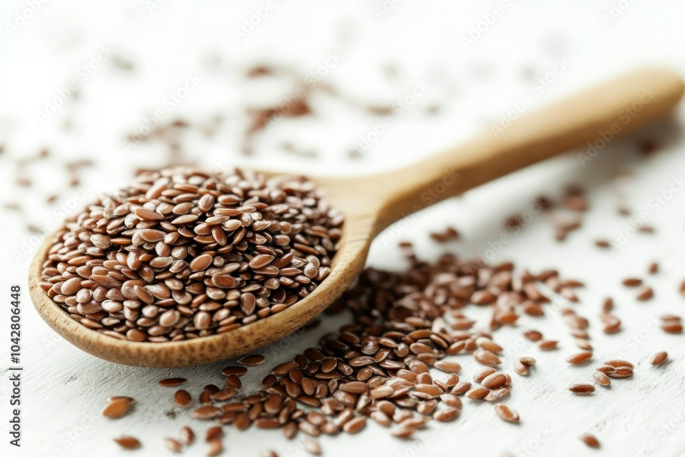 Flax Seeds in Wooden Spoon on White Surface Flax Seeds in Wooden Spoon on White Surface