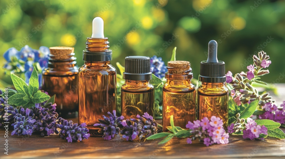 Essential Oils Bottles with Lavender Flowers and Green Foliage Essential Oils Bottles with Lavender Flowers and Green Foliage