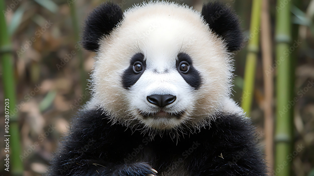 Obraz premium close up of panda showcasing its fluffy black and white fur, with curious expression. panda is surrounded by bamboo, highlighting its natural habitat and playful demeanor
