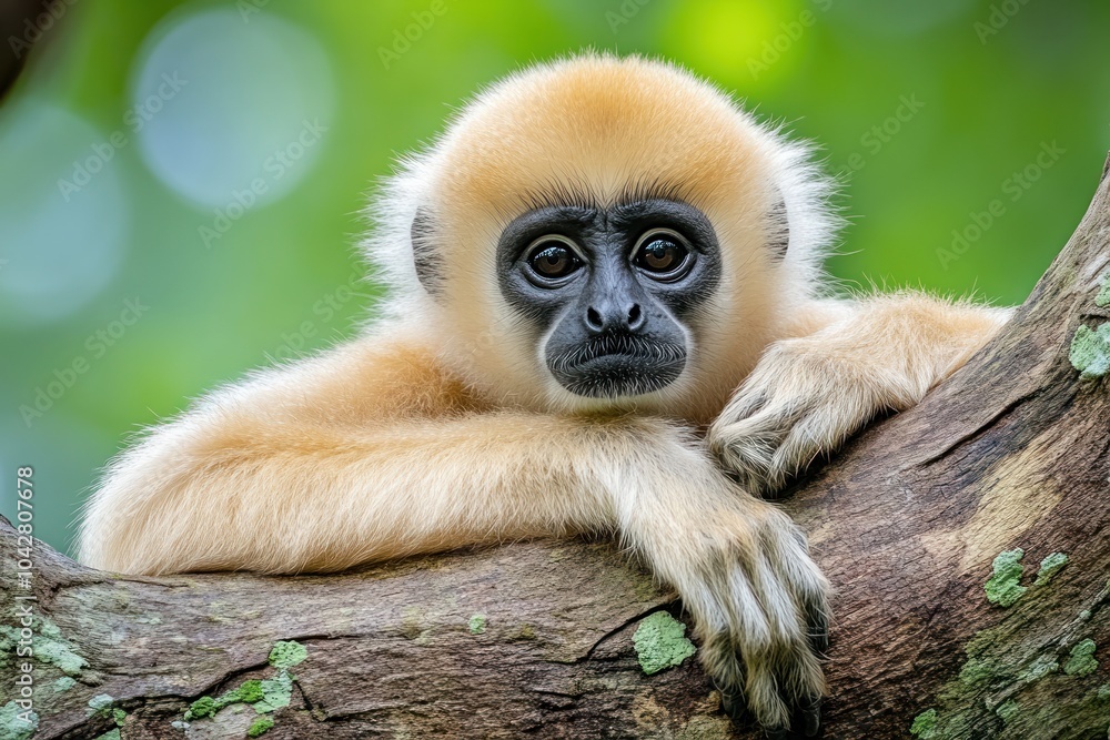A close-up of a gibbon resting on a tree branch, showcasing its expressive face and fur. A close-up of a gibbon resting on a tree branch, showcasing its expressive face and fur.