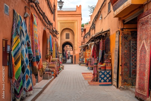 A vibrant market street lined with colorful rugs and textiles in a historic setting.