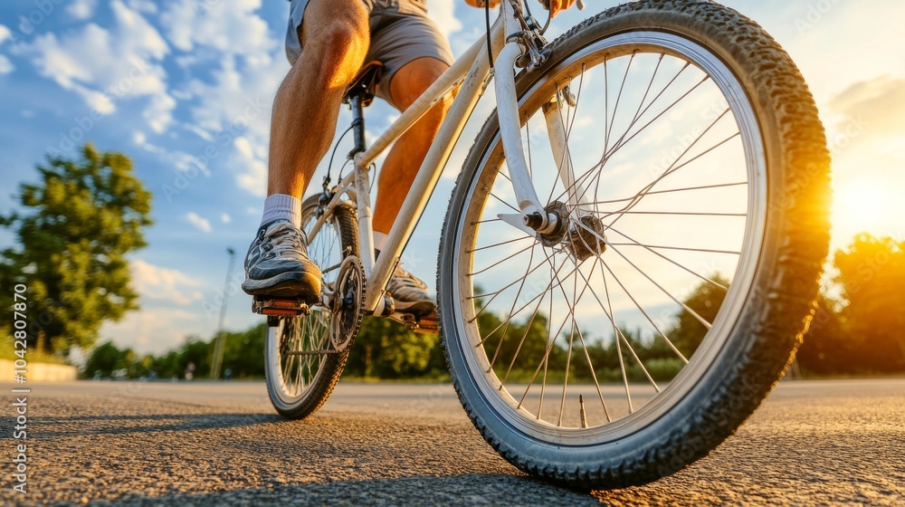 Fototapeta premium Close up of Bicycle Wheel with Rider on Road at Sunset