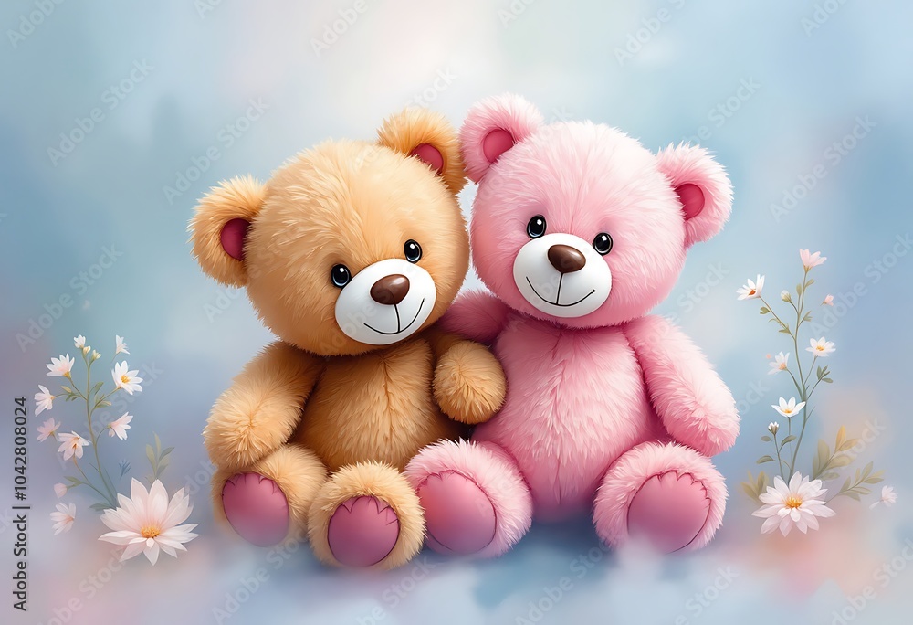 Fototapeta premium Two cute cartoon teddy bears lovers. Watercolor illustration, Valentine's Day card, poster, icon. illustration. 