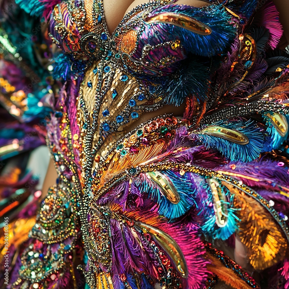 Obraz premium A close-up of a samba dancer's intricate costume, featuring brightly colored feathers,