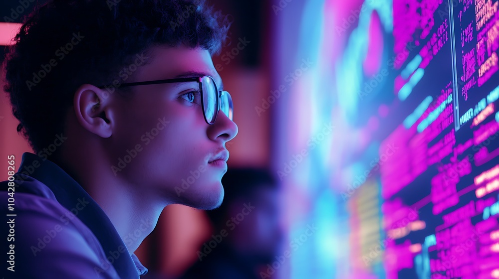 Young Programmer Looking at Colorful Code Display Screen Profile Young Programmer Looking at Colorful Code Display Screen Profile