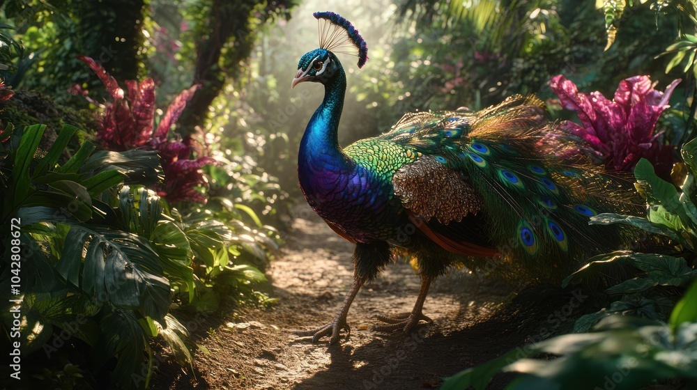 Fototapeta premium A vibrant peacock stands amidst lush greenery and colorful plants in a sunlit forest.