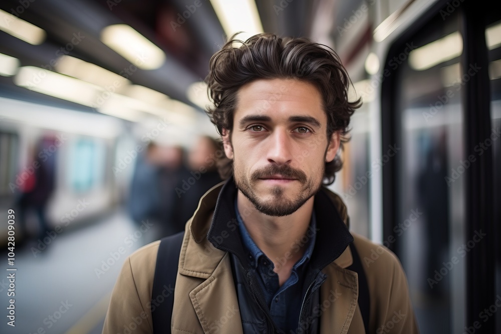 Portrait of a handsome young man standing in the subway, looking at camera. Portrait of a handsome young man standing in the subway, looking at camera.