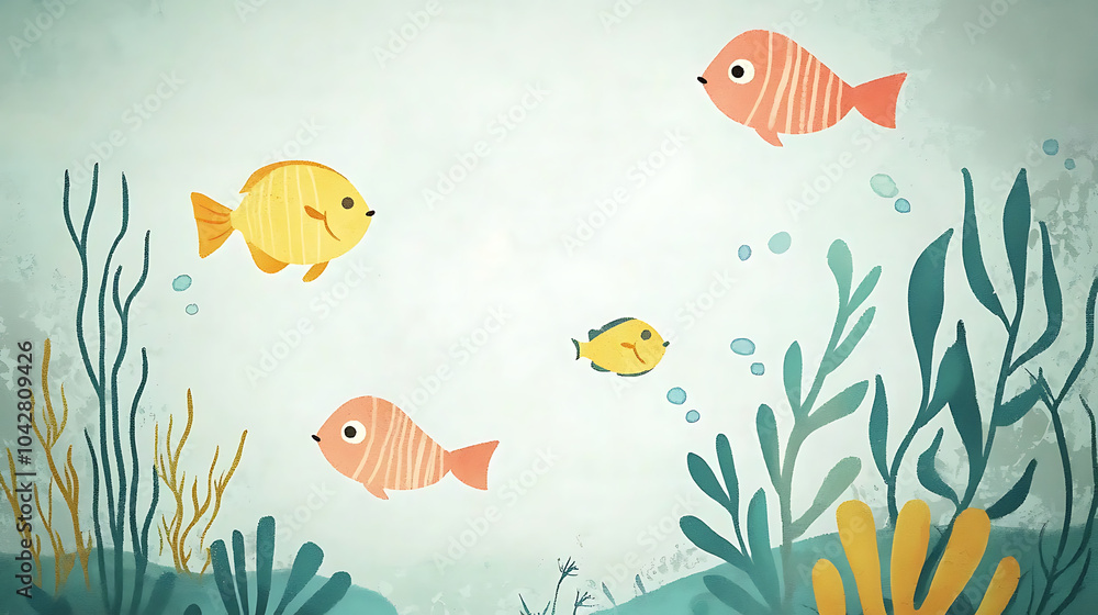 Naklejka premium lovely illustration of colorful fish swimming in serene underwater scene, surrounded by vibrant aquatic plants and bubbles. cheerful colors and playful design evoke sense of joy and tranquility