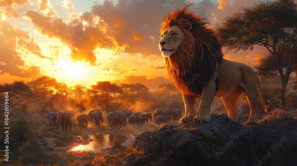 Obraz premium Majestic lion overlooks a sunset savanna with elephants nearby.