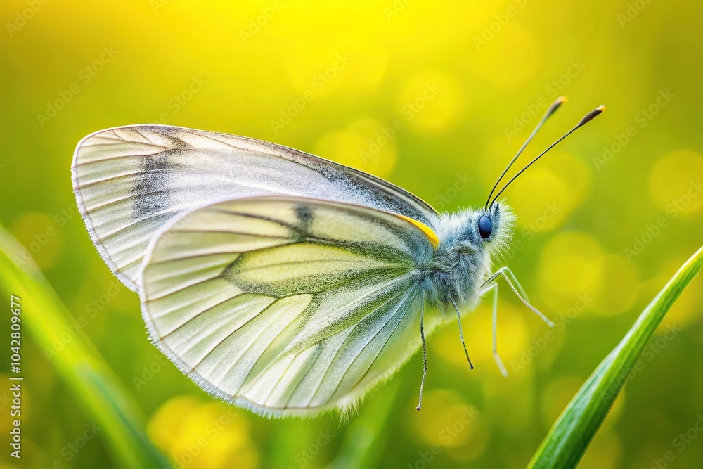 Extreme close-up of a white butterfly on a soft yellow green background in nature Extreme close-up of a white butterfly on a soft yellow green background in nature