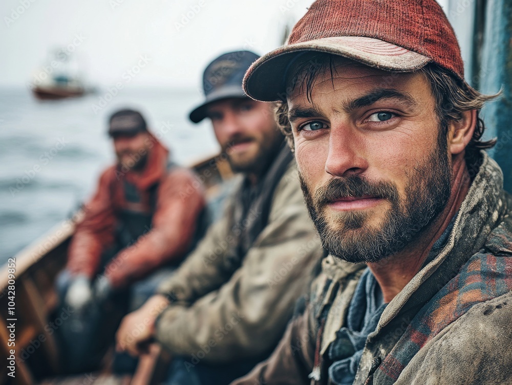 Three fishermen in a boat on the ocean, one looking directly at the camera. Three fishermen in a boat on the ocean, one looking directly at the camera.