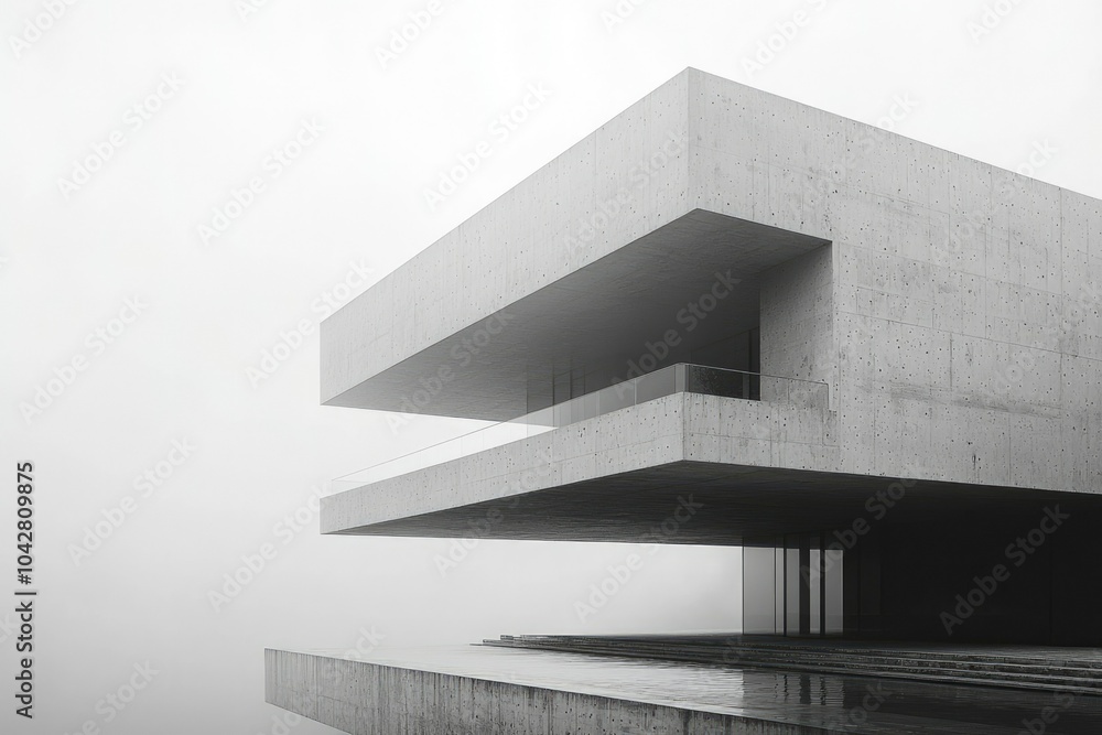 Fototapeta premium Concrete Modern Architecture with Foggy Sky and Reflecting Water