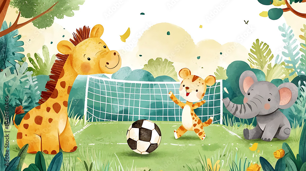 Naklejka premium playful illustration of soccer game featuring giraffe, tiger cub, and elephant in vibrant, green landscape. animals are joyfully engaged in game, creating cheerful atmosphere