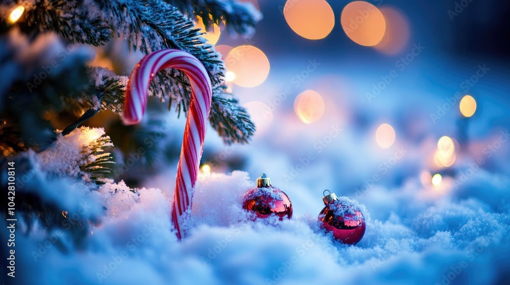 Obraz premium Close-up of Candy Canes and Ornaments by Christmas Tree