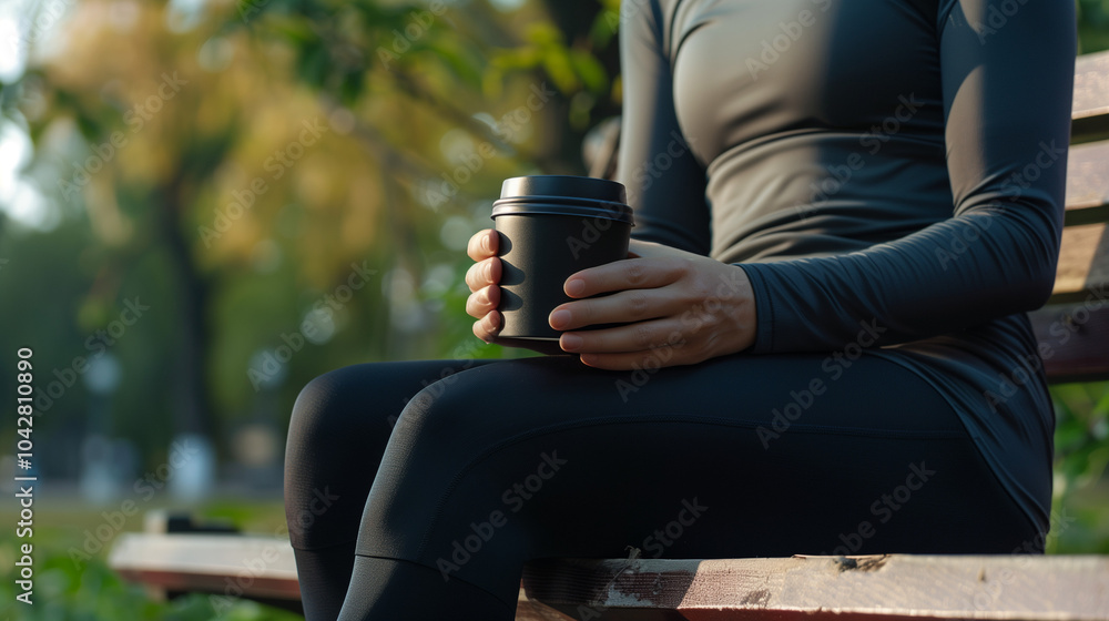 Woman Enjoying Coffee Break in Sportswear on Park Bench After Exercise Woman Enjoying Coffee Break in Sportswear on Park Bench After Exercise
