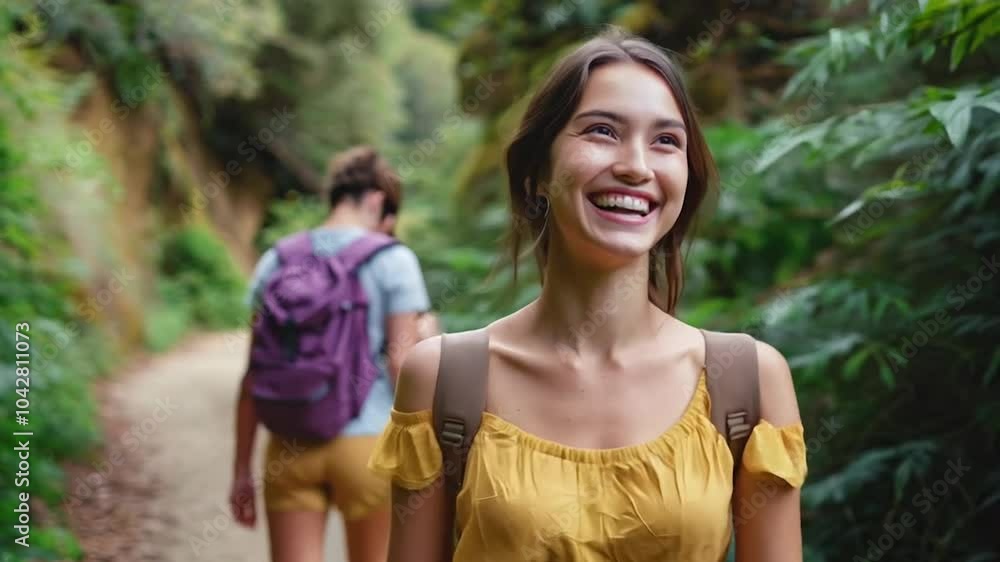 Two hikers explore a beautiful forest path on a sunny day. Smiling woman in the foreground wearing yellow top, with man walking behind her. Scenic hike, nature lovers adventure. Generative AI Two hikers explore a beautiful forest path on a sunny day. Smiling woman in the foreground wearing yellow top, with man walking behind her. Scenic hike, nature lovers adventure. Generative AI