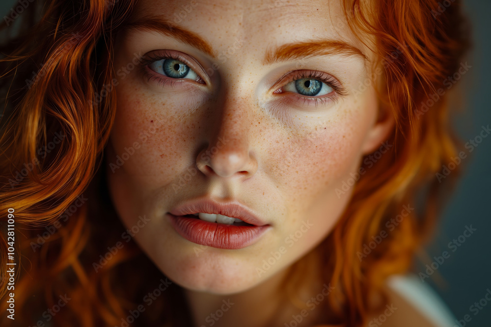 A close-up portrait of a woman with red hair and blue eyes A close-up portrait of a woman with red hair and blue eyes