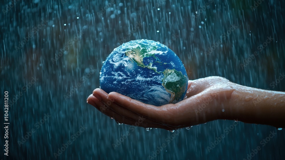 Environment Earth Day In the hands holding earth with Heavy rain and storm,Saving environment,Global Warming,environmentally sustainable,Save Earth,Disaster,Concept the Environment World Earth Day. Environment Earth Day In the hands holding earth with Heavy rain and storm,Saving environment,Global Warming,environmentally sustainable,Save Earth,Disaster,Concept the Environment World Earth Day.