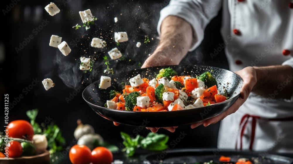 A chef skillfully tossing a colorful vegetable salad in a black bowl. A chef skillfully tossing a colorful vegetable salad in a black bowl.