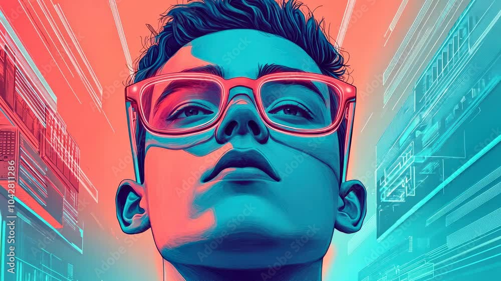A vibrant digital art piece showcasing a person with glasses, featuring neon colors and futuristic elements A vibrant digital art piece showcasing a person with glasses, featuring neon colors and futuristic elements