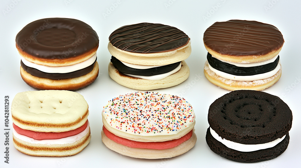 Irresistible collection of layered sweetcakes, biscuits, or homemade oreos with creamy filling on isolated white background Irresistible collection of layered sweetcakes, biscuits, or homemade oreos with creamy filling on isolated white background
