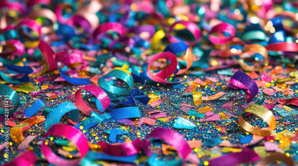 Fototapeta premium Glittery Party Streamers on Colorful Surface