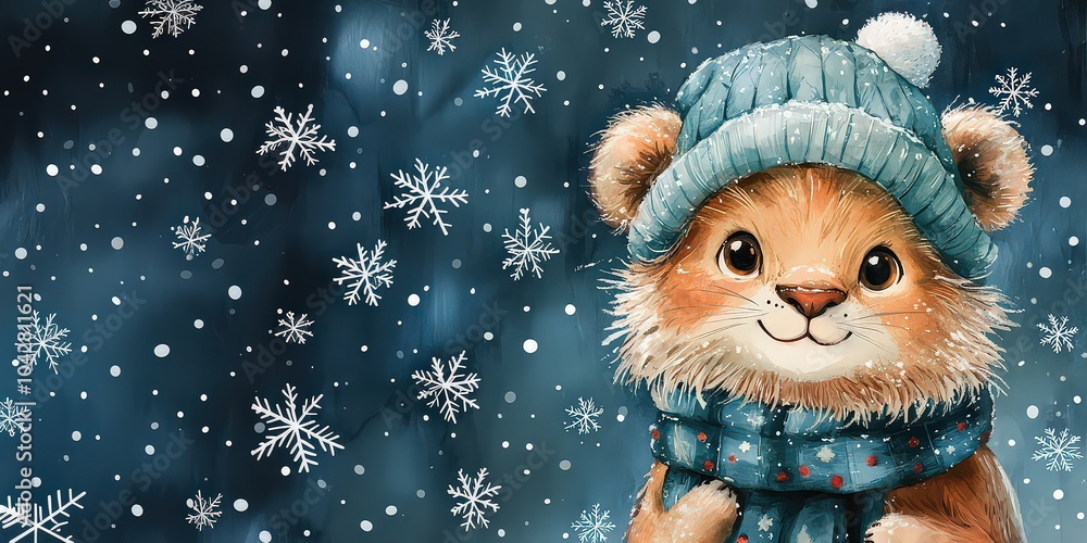 Merry Christmas with watercolor cute lion in a hat. Ideal for Christmas greeting cards. Winter style. Merry Christmas with watercolor cute lion in a hat. Ideal for Christmas greeting cards. Winter style.