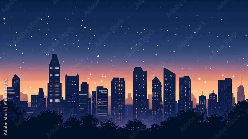 Silhouette of a city skyline at dusk – modern skyscrapers a… Silhouette of a city skyline at dusk – modern skyscrapers a…