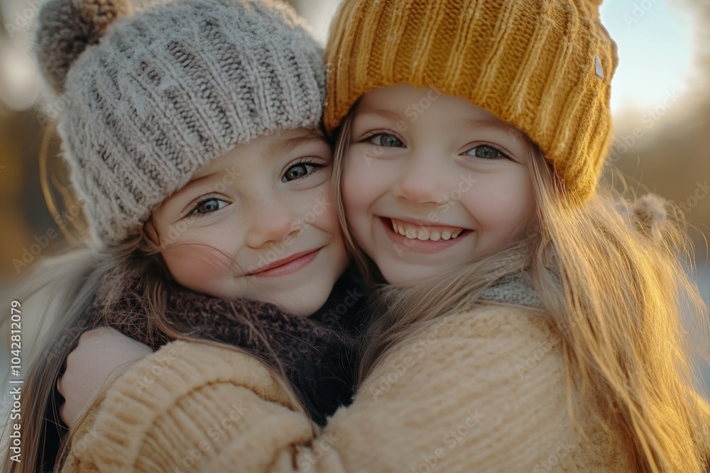Joyful Friends Embracing in Winter Hats Joyful Friends Embracing in Winter Hats