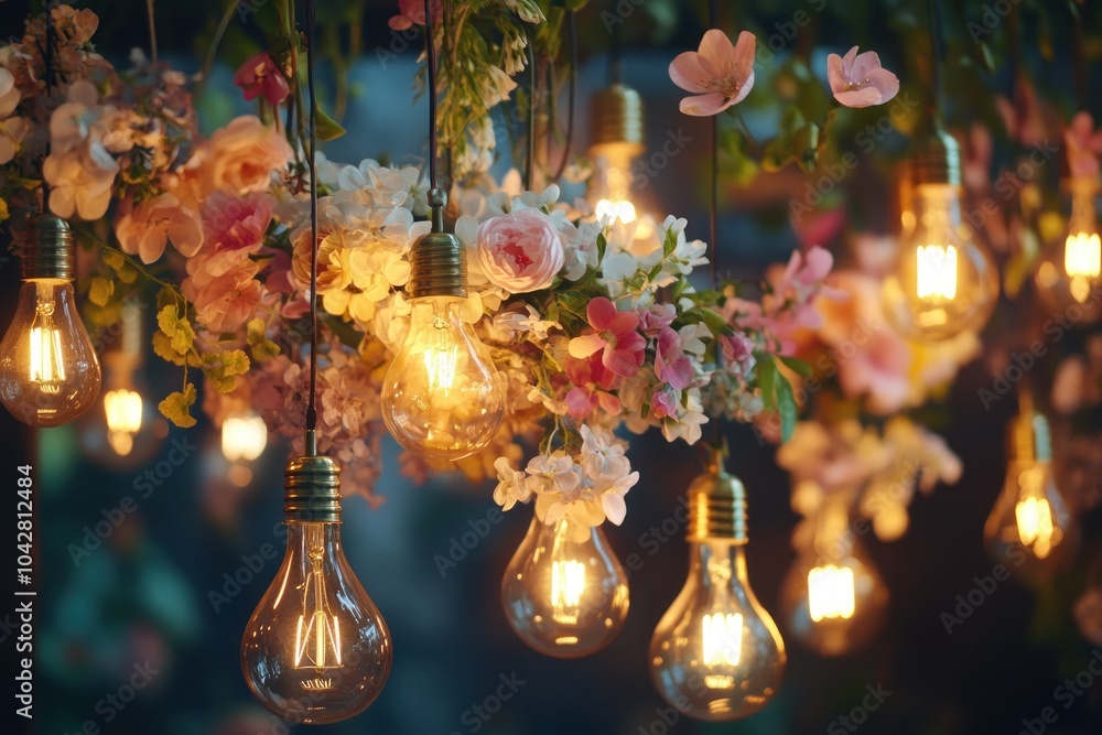 Elegant Floral Arrangement with Hanging Light Bulbs Elegant Floral Arrangement with Hanging Light Bulbs