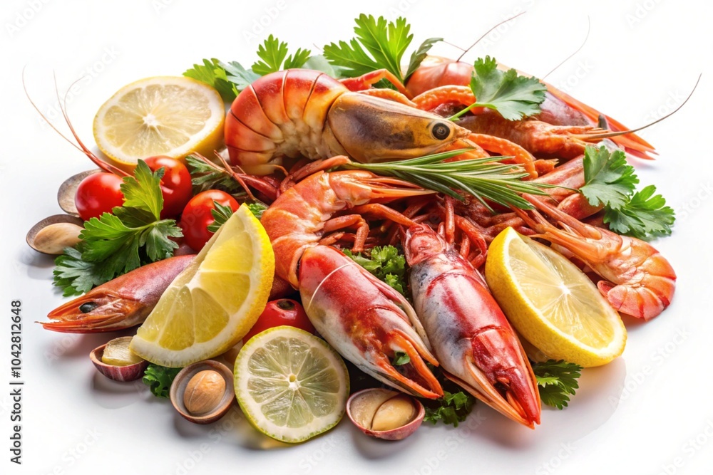 Assorted fresh seafood and fish platter with citrus garnish isolated on white background Assorted fresh seafood and fish platter with citrus garnish isolated on white background