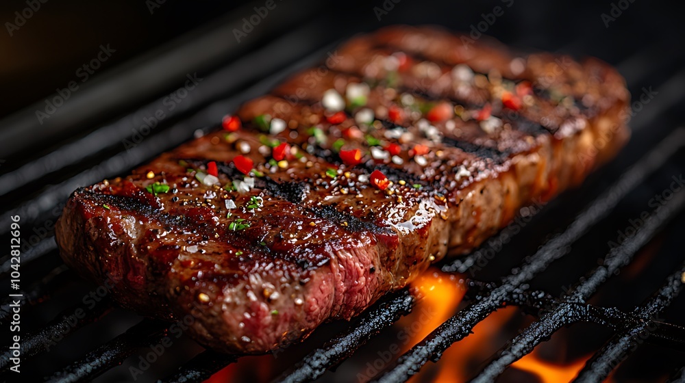 A close-up of a juicy steak grilling on a hot barbeque grill with flames underneath.