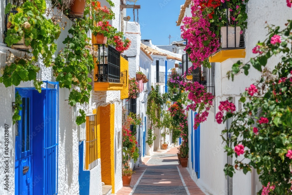 Fototapeta premium A vibrant alleyway adorned with flowers and colorful architecture.