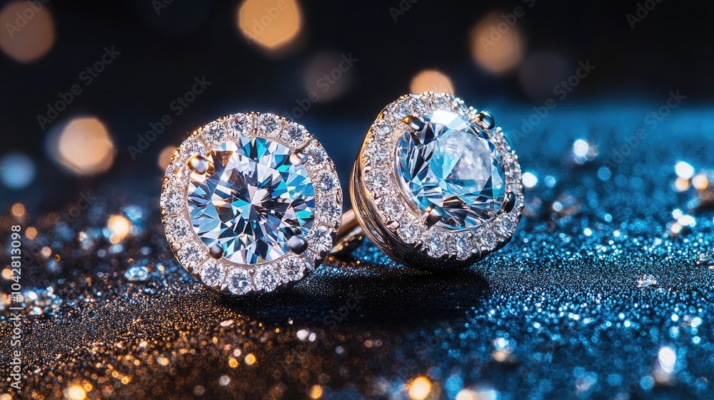 Elegant Diamond Earrings on Shimmering Background Elegant Diamond Earrings on Shimmering Background