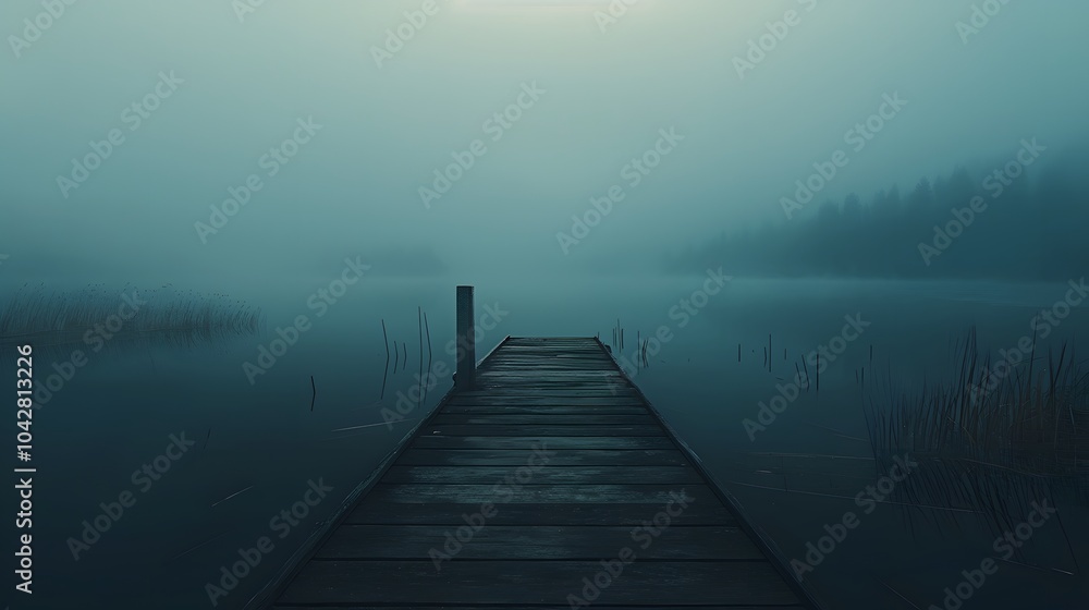 An isolated wooden pier extending into a misty lake, where the water gently ripples under the morning light. A tranquil travel spot for reflection and peace. An isolated wooden pier extending into a misty lake, where the water gently ripples under the morning light. A tranquil travel spot for reflection and peace.