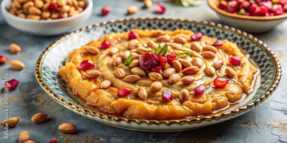 Israeli dessert malabi topped with peanuts, coconut, and rose syrup Israeli dessert malabi topped with peanuts, coconut, and rose syrup