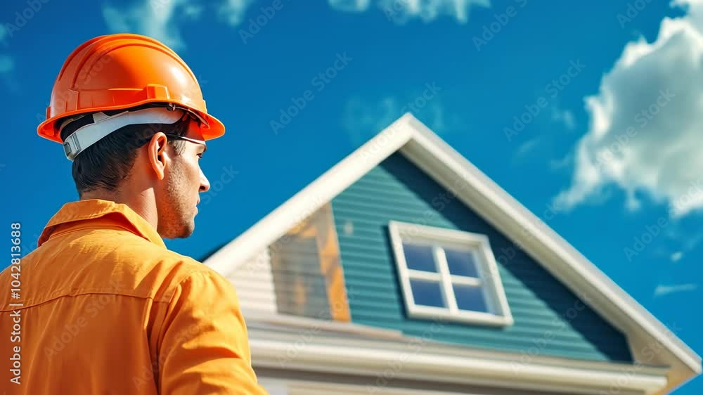 A construction worker in an orange uniform and helmet observes a house A construction worker in an orange uniform and helmet observes a house