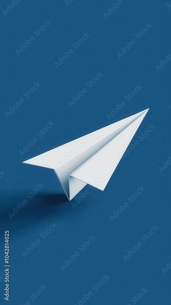 White paper airplane with pointed nose flying against a gradient blue background White paper airplane with pointed nose flying against a gradient blue background