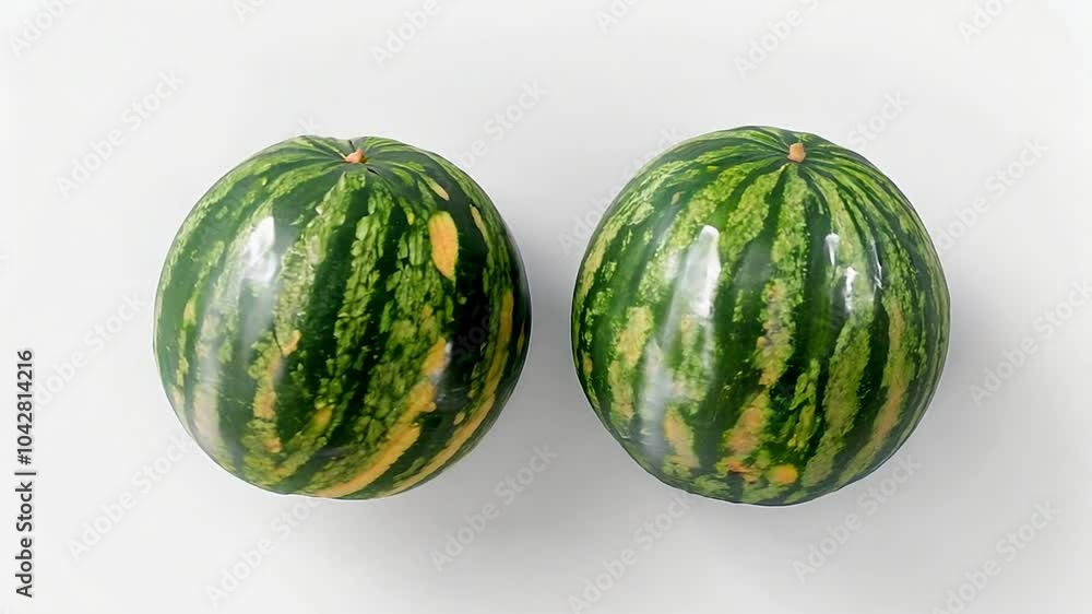 Two whole watermelons against a white background. Simple and clean style evokes freshness and summer vibes. Perfect for food blogs, websites, or health-related content. Generative AI