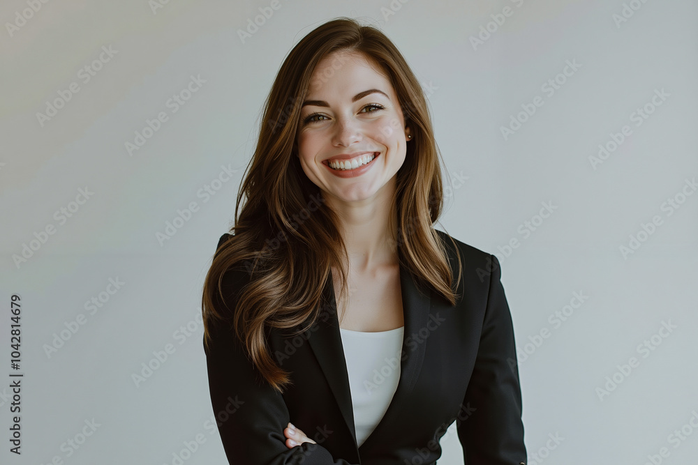 A smiling woman in a black blazer and white top A smiling woman in a black blazer and white top